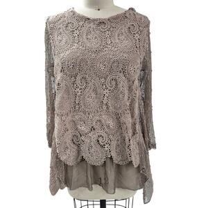 Made in Italy Tan Mocha Paisley Design Mesh Top Shirt Viscose Stretch L